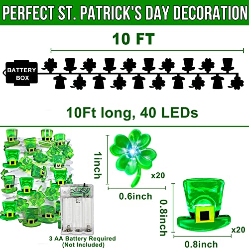 [ Timer ] Shamrocks Leprechaun Hat Lights St. Patrick's Day Decorations 10Ft 40LED Green Lucky Clover Fairy String Lights Battery Power Irish St.Patrick's Decoration Indoor Outdoor Home(Hat Shamrocks)