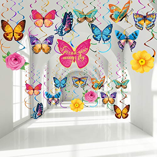 30 Pcs Butterfly Flowers Hanging Swirl Decorations Summer Butterfly Floral Baby Shower Foil Ceiling Streamers for Women Girl Kids Wedding Birthday Mother's Day 1st Birthday Party Supplies (Elegant)