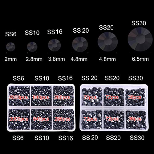 Nibiru 6616pcs Hotfix Rhinestones 5 Mixed Sizes FlatBack Crystal Rhinestones for Crafts Round Glass Gems with Tweezers and Picking Rhinestones Pen(Hematite Black)