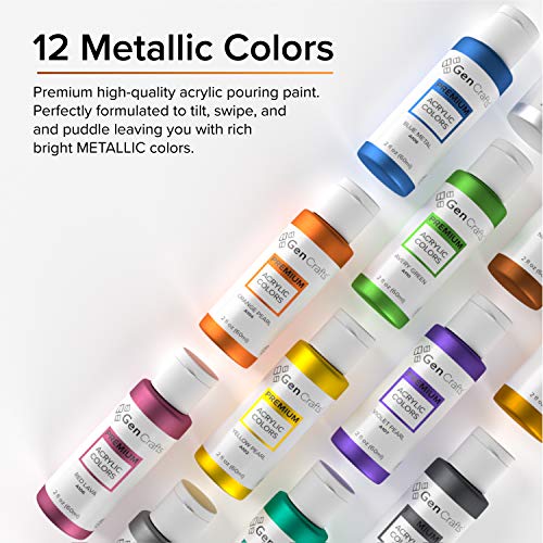 GenCrafts Metallic Acrylic Pouring Paint Set of 12 Metallic Colors - Pre-Mixed High Flow & Ready to Pour - 2 oz./59 ml Bottles - Multi-Purpose Paints for Canvas & Paper, Rocks, Wood