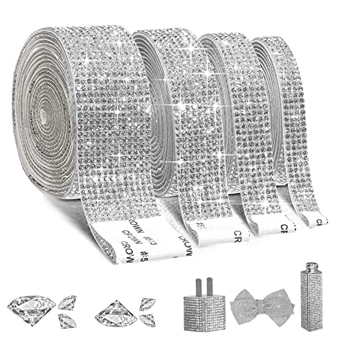 EANLOLY 4 Rolls Self-Adhesive Crystal Rhinestone Ribbon, Diamond Bling Ribbons with 2 mm Rhinestones Sticker for Arts Crafts Wedding Birthday Party DIY Event Car Phone Decoration(Silver)