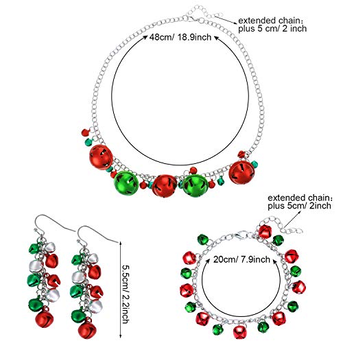 4 Pieces Christmas Bell Jewelry Set Includes Bells Necklace Bracelet Dangle Earring for Christmas Party