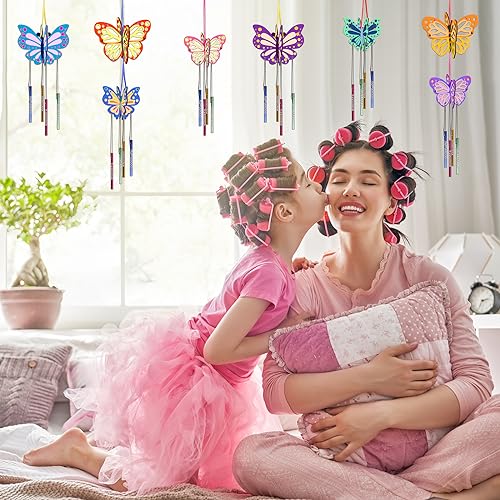 Fennoral 8 Pack 3D Butterfly Wind Chime Kit for Kids Make Your Own Butterfly Wind Chime Wooden Arts and Crafts for Kids Ornaments DIY to Paint Butterfly Craft for Spring Art Activity Birthday Party
