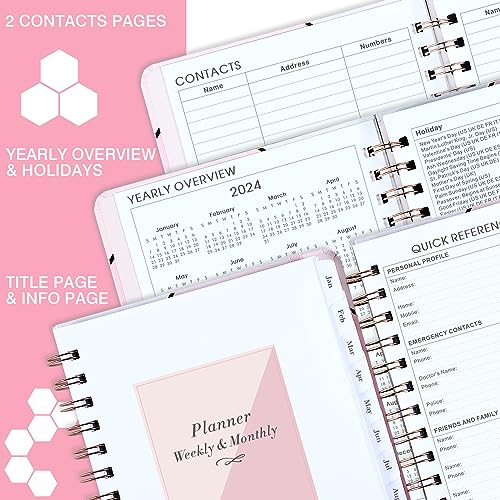 2024 Planner - January 2024 - December 2024, Planner 2024, 6.3" x 8.4", 2024 Weekly and Monthly Planner with Marked Tabs, Hardcover with Thick Paper + Contacts + Calendar + Holidays, Twin-Wire Binding - Pink Marble