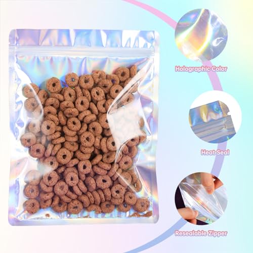 YHJZ 100 Pcs Holographic Bags, 6 x 8" Resealable Smell Proof Bags Resealable Bags for Packaging Ziplock Pouches Bags for Lip Gloss Packaging Mylar Bags for Party Favor Food Storage (6x8 Inch)