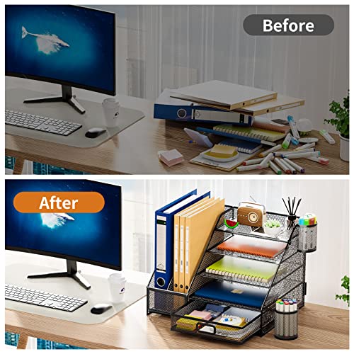Marbrasse Desk Organizer with File Holder, 5-Tier Paper Letter Tray Organizer with Drawer and 2 Pen Holder, Mesh Desk Organizers and Accessories, Desktop Organizer and Storage for Office Supplies