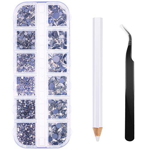 2000 Pieces Flat Back Gems Rhinestones 6 Sizes (1.5-6 Mm) Round Crystal Rhinestones with Pick up Tweezer and Rhinestones Picking Pen for Crafts Nail Clothes Shoes Bags DIY Art (Clear)