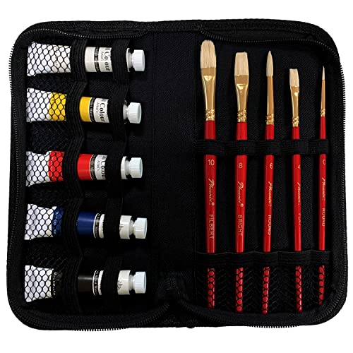 PHOENIX Oil Painting Kit - 5 Primary Color Tubes of Oil Paints (12ml/0.4 Fl Oz) & 5 Oil Paint Brushes - Oil Color Painting Supplies for Kids, Students & Beginners