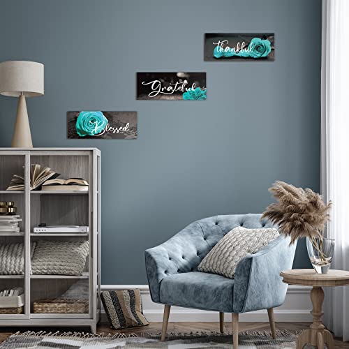 Hillban 3 Pieces Rose Wooden Wall Decor Thankful Grateful Blessed Wooden Signs Inspirational Wall Art Signs Wedding Wall Decor for Room Kitchen Bathroom (Teal,16 x 6 Inch)