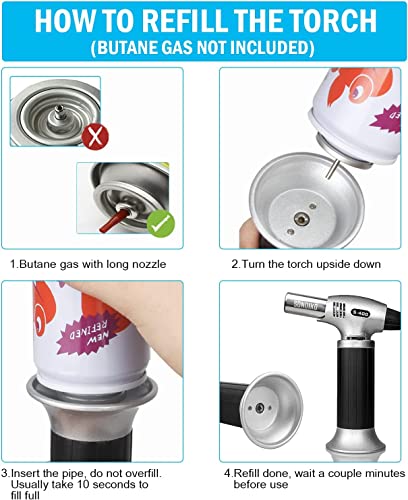 Butane Torch 10g Refillable Cooking Kitchen Torch Lighter Fit Butane Tanks Blow Torch with Safety Lock & Adjustable Flame for DIY Creme Brulee,Desserts and Baking(Butane Gas Not Included)