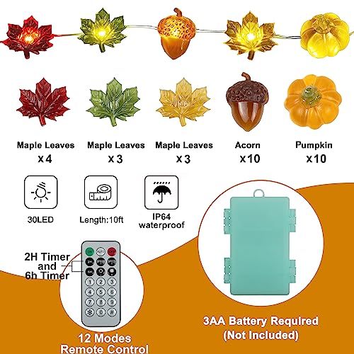 KAiSnova Thanksgiving Lights 10FT 30 LED Fall Lights 3D Pumpkin Maple Leaf Acorn Battery Operated String Lights Halloween Decorations Indoor Fall Decorations for Home Garland Party Autumn