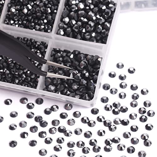 Nibiru 6616pcs Hotfix Rhinestones 5 Mixed Sizes FlatBack Crystal Rhinestones for Crafts Round Glass Gems with Tweezers and Picking Rhinestones Pen(Hematite Black)