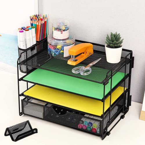 DALTACK 4-Trays Desktop File Organizer with Pen Holder, Letter Tray Paper Organizer with Drawer and Pen Holders, Black Mesh Office Supplies File Holder, Desk Organizer for Office School Home