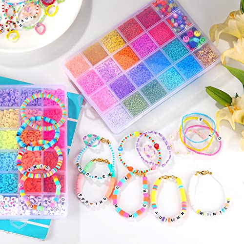 Funtopia 24500+ Pcs Beads for Jewelry Making Kit, Colorful Flat Round Polymer Clay Beads Glass Seed Beads for Bracelet Making Kit, Necklace Ring Heishi Beads DIY Craft Gift for Kids Girls