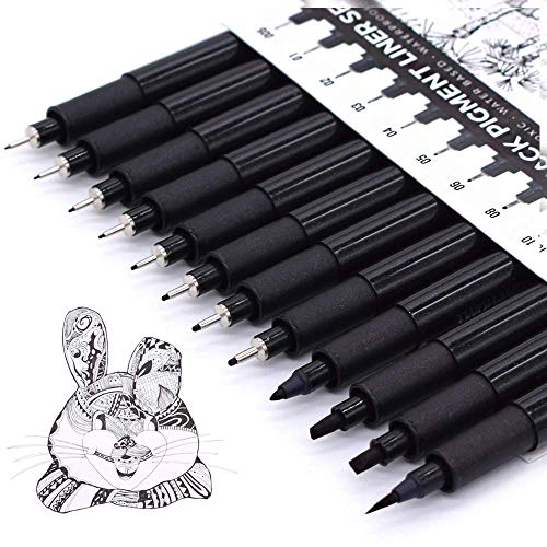 TWOHANDS Micro Pigment Pens, Art Fineliner Ink Technical Drawing Pen, Fine Point, Black, Waterproof, for Watercolor, Sketching, Anime, Manga, Scrapbooking 20413, Set of 12