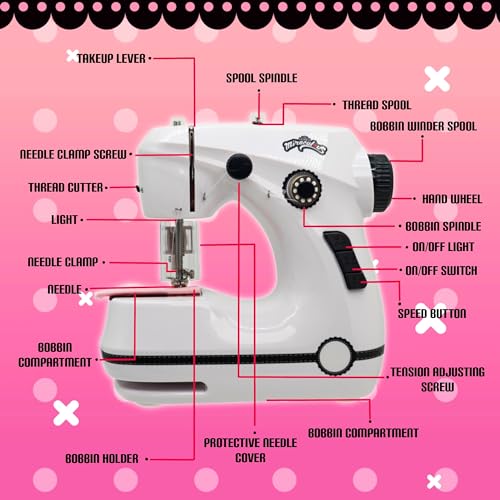 Miraculous Ladybug - Marinette's Mini Sewing Machine For Beginners And Kids, Dual Speed Portable Machine with Miraculous Fabric, Black Mannequin, Superhero Mask Cutouts, And Foot Pedal (Wyncor)