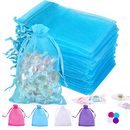Angooni 100PCS Blue Sheer Organza Bags Gift Drawstring Pouch for Jewelry Party Wedding Favor Party Festival Candy Bags (4x6)