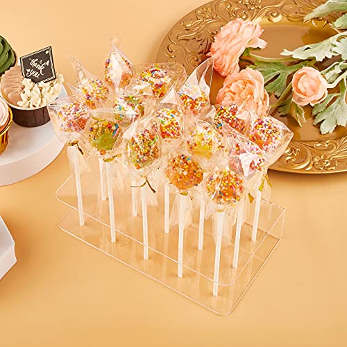Zezzxu 2Pack Upgraded Acrylic Cake Pop Display Stand 15 Hole Clear Acrylic Lollipop Holder with 50Pcs Lollipop Sticks, 50Pcs Packaging Bags and 50Pcs Gold Metallic Twist Ties