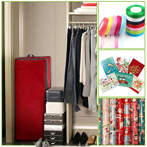 Primode Wrapping Paper Storage Container | Gift Wrap Organizer Under Bed | 41”x14”x6” | Fits 18-24 Rolls Up to 40” | Durable 600D Oxford Material | Box Holder with Pockets for Ribbon, Bows and Accessories (Red)