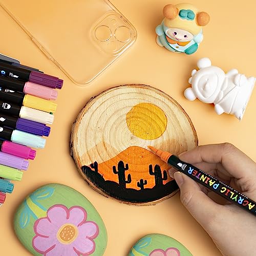Tesquio Paint Pens, 24 Colors Acrylic Paint Pens Paint Markers, Dual Tip Pens With Medium Tip and Brush Tip for Rock Painting, Wood, Ceramic, Fabric, Canvas, Easter Eggs, Pumpkin Kit, DIY Crafts
