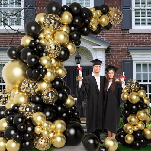DBKL 138pcs Black and Gold Balloons Garland Arch Kit with Black Gold Confetti Balloons for New Year Decorations Birthday Graduation Baby Shower Party Decorations