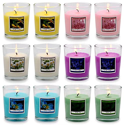 Set of 12 Scented Candles with 6 Fragrance, Natural Soy Wax Glass Votive Candles for Home Scented and Stress Relief, Christmas Thanksgiving Return Gift for Women/Girl