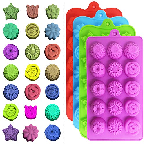 4 PACK Flower Shape Chocolate Candy Molds Set,DanziX Silicone 15 Cavity Baking Mold Ice Cube Tray for Wedding,Festival,Parties and DIY Crafts-Green,Blue,Red and Purple