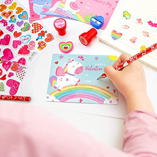 Valentines Day Gifts for Kids - 24 Pack Valentines Day Stationery Gift with Cards Pencils Stickers Erasers Stampers Sharpener Cups Classroom Prize School Exchange Boys Girls Party Favors