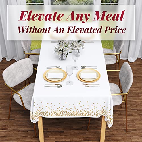 Prestee White/Gold Tablecloths, 4pk, 54"x108" - Gold Dot Disposable Tablecloths - Plastic Table Cloth Disposable - White Tablecloths - BBQ, Party, Fine Dining, Wedding, Communion, Baptism Decorations