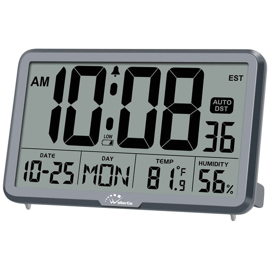 WallarGe Auto Set Digital Wall Clock Battery Operated, Desk Clocks with Temperature, Humidity and Date, Large Display Digital Calendar Alarm Clock for Elderly, Bedroom, Office, 8 Time Zone, Auto DST.