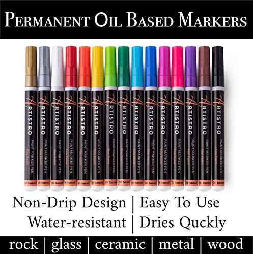 ARTISTRO 15 Oil Based Paint markers for Wood, Rock, Fabric, Glass - Permanent, Quick Dry, Waterproof - Oil paint pens for Ceramic, Mugs, Metal, Plastic - 1mm Fine Tip
