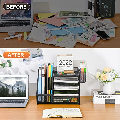 Marbrasse Desk Organizer with File Holder, 5-Tier Paper Letter Tray Organizer with Drawer and 2 Pen Holder, Mesh Desktop Organizer and Storage with Magazine Holder for Office Supplies(Black)