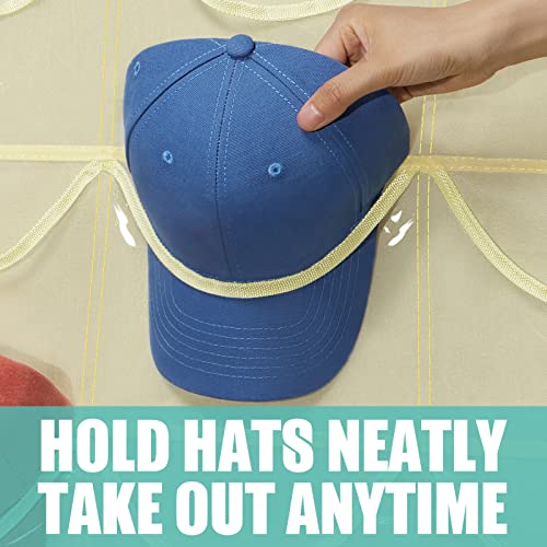 Hat Rack 27 Pockets - Hat Organizer For Baseball Cap - Hat Racks For Baseball Caps Hat Holder Hanging Over The Door Closet, Hat Storage With Large Clear Pockets & 3 Hooks For Baseball Cap& Cowboy Hat