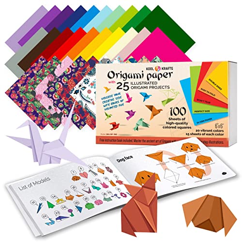 KOOL KRAFTS Origami Paper - 100 Origami Paper Kit - Set Includes - 100 Sheets 20 Basic Colors 6x6 - Double Sided - Origami Book 25 Easy Colored Projects | Kids Crafts - Christmas Gifts for Boys 8-12