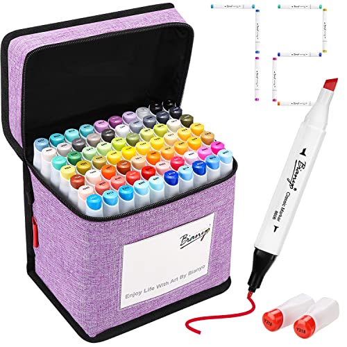 Bianyo 72 Primary Colors Alcohol Markers Set, Double Tipped Bullet & Chisel Art Marker Set for Coloring, Drawing, Sketching, 71 Classic Colors+1 Blender+1 Swatch+1 Purple Travel Case