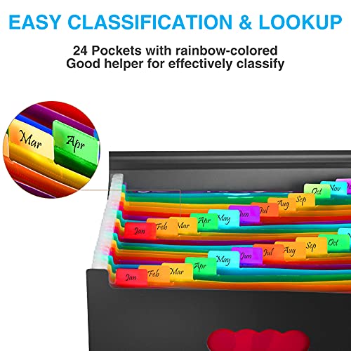 24 Pockets Expanding File Folder with Blank Labels, According File Organizer with Expandable Cover, Desktop Accordion Folders Letter A4 Paper Document Storage Organizer, Black