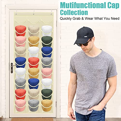 Hat Rack 27 Pockets - Hat Organizer For Baseball Cap - Hat Racks For Baseball Caps Hat Holder Hanging Over The Door Closet, Hat Storage With Large Clear Pockets & 3 Hooks For Baseball Cap& Cowboy Hat