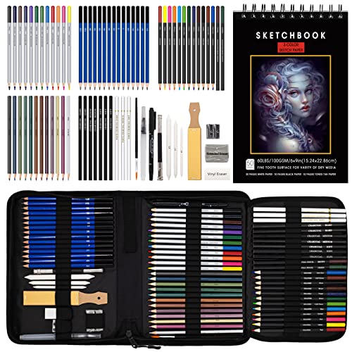 Nctoberows 76-Pack Drawing Set Sketching Kit, Pro Art Supplies Include 50 Pages 3-Color Sketchbook, Colored, Watercolor, Graphite, Charcoal & Metallic Pencil, for Artists Adults Teens Beginners