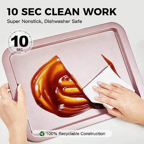 HONGBAKE Baking Sheet Pan Set, Cookie Sheet for Oven, Nonstick Bakeware Sets with Wider Grips, 3 Pack Half/Jelly Roll/Quarter Baking Tray, Premium, Dishwasher Safe-Pink