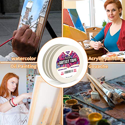 TSSART 3 Pack White Artist Tape - Masking Artists Tape for Drafting Art Watercolor Painting Canvas Framing - Acid Free 0.6inch Wide 540FT Long Total