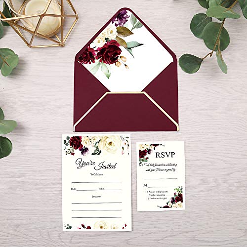 DORIS HOME 25pcs Burgundy Fill-in Invitations Cards with Burgundy Rose and Envelope with Gold Border for Wedding,Engagement Invite