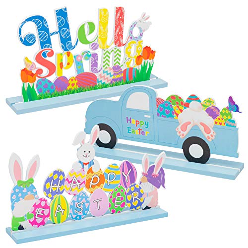 WATINC 3Pcs Easter Table Decorations Wooden Centerpiece Signs for Dining Room Table Easter Bunny for Spring Holiday Easter Party Décor Ornament Indoor Outdoor Garden Yard Lawn Party Supplies