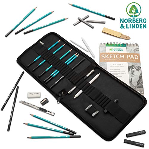 Norberg & Linden XL Drawing Set - Sketching, Graphite and Charcoal Pencils. Includes 100 Page Drawing Pad, Kneaded Eraser, Blending Stump. Art Kit and Supplies for Kids, Teens and Adults.