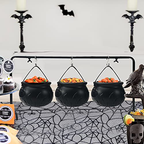 Halloween Decor - Halloween Party Decorations - Set of 3 Witches Cauldron Serving Bowls on Rack - Black Plastic Hocus Pocus Candy Bucket Cauldron for Indoor Outdoor Home Kitchen Decoration