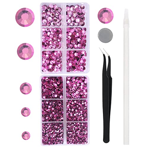 Meibite 6616PCS Hot Pink Hotfix Rhinestones Crystal Gems Glass for Tumblers Clothes Shirts Glitter Flat Back Round with Tweezers and Picking Pen (SS6~SS30)
