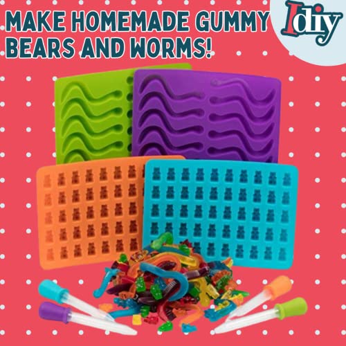 Gummy Bear and Worm Gummy Candy Molds, 4 Pack Set - XL Nonstick Trays with 2 Droppers for Chocolate, Ice Cubes and More - Makes 140 Candies - Non-Stick Trays, Holiday Gift for Kids