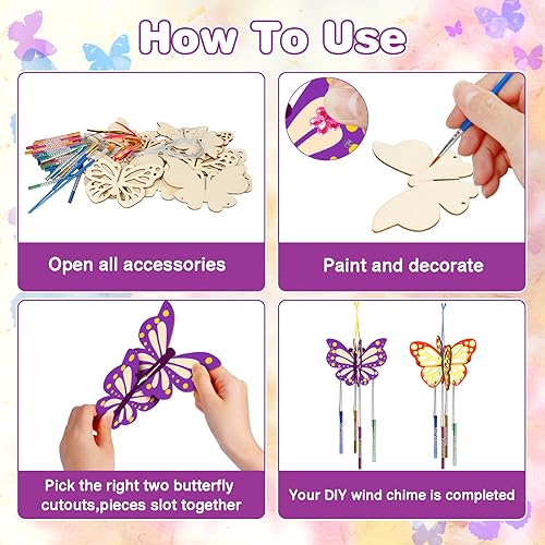 Fennoral 8 Pack 3D Butterfly Wind Chime Kit for Kids Make Your Own Butterfly Wind Chime Wooden Arts and Crafts for Kids Ornaments DIY to Paint Butterfly Craft for Spring Art Activity Birthday Party
