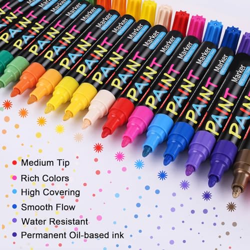 IVSUN Paint Pens Paint Markers, 20 Colors Oil-Based Waterproof Paint Marker Pen Set, Never Fade Quick Dry and Permanent, Works on Rocks Painting, Wood, Fabric, Plastic, Canvas, Glass, Mugs