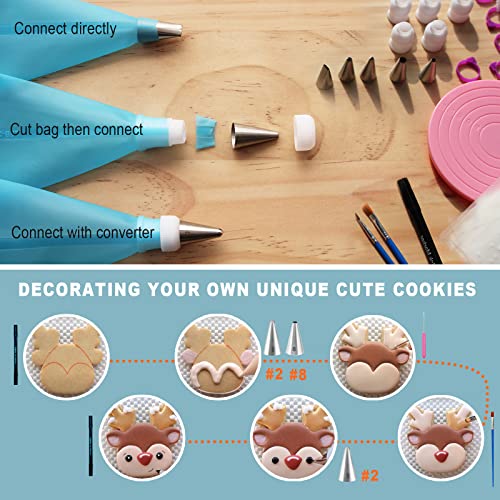 Cookie Decorating Supplies Kit 82Pcs With Storage Box, Sugar Cookies Turntable Set With 6 Piping Tips and Bags, Scribe Needle, Brush, Ideal Beginner Decorator Lover Kids Gift Valentine Halloween