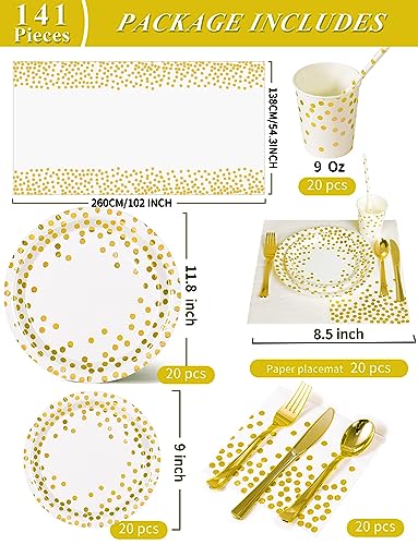 Nkaiso 141 Pieces White Gold Party Supplies, Party Dinnerware Sets Include Paper Plates Napkins Cups Silverware, for Wedding Bridal Shower Engagement Birthday Parties Decoration -20 Serves